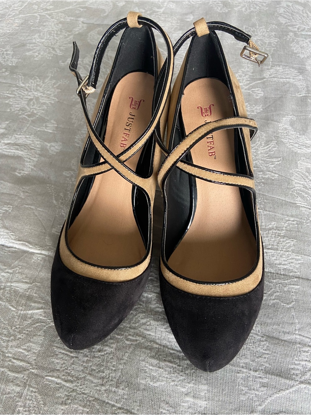 Mary Jane Two-Tone Black and Tan Suede High Heels - Picture 5 of 7